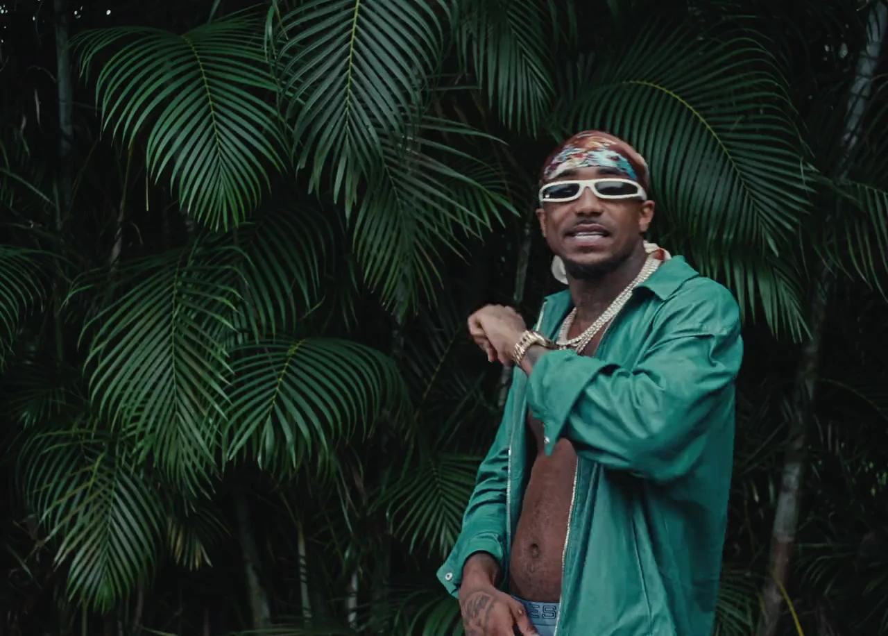 Loe Shimmy performing against tropical foliage