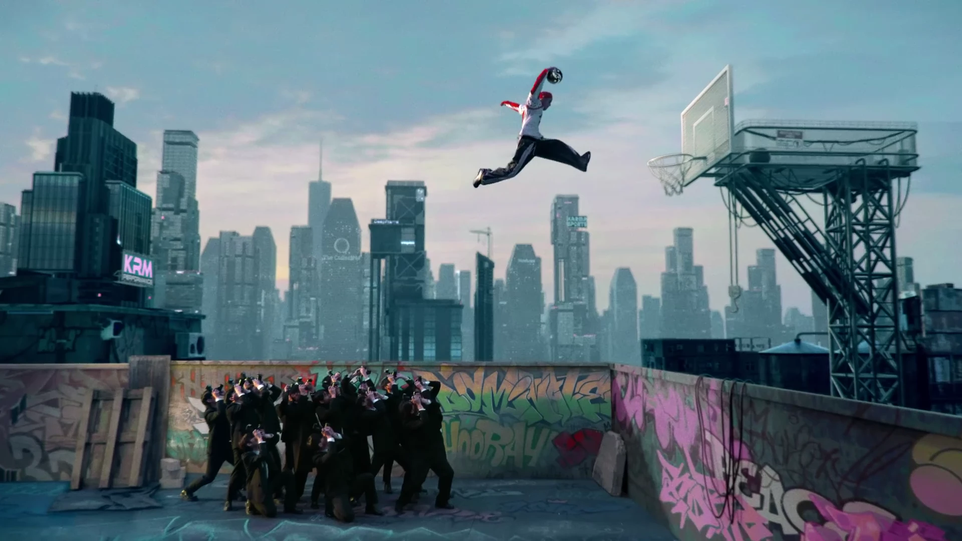 The rooftop jump above the city skyline